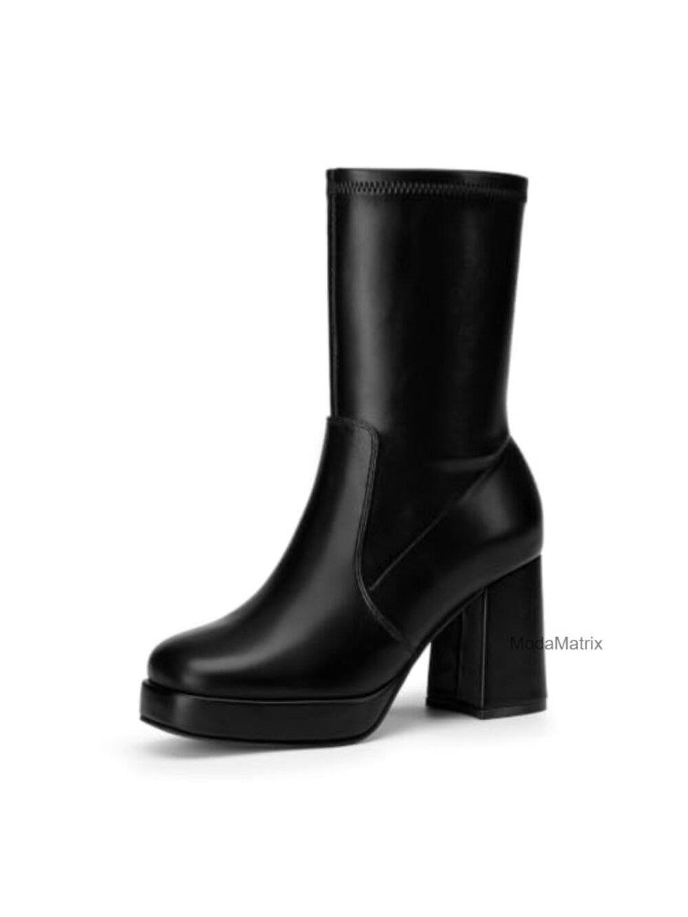 Platform Mid Calf Boots Chunky Block Heel Stretch Zip